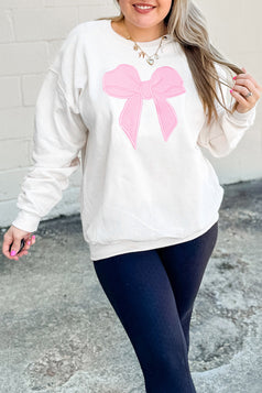 Beige Big Bow Pattern Plus Size Drop Shoulder Sweatshirt