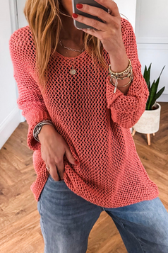 Coral Crochet Hollow-out Knit Sweater