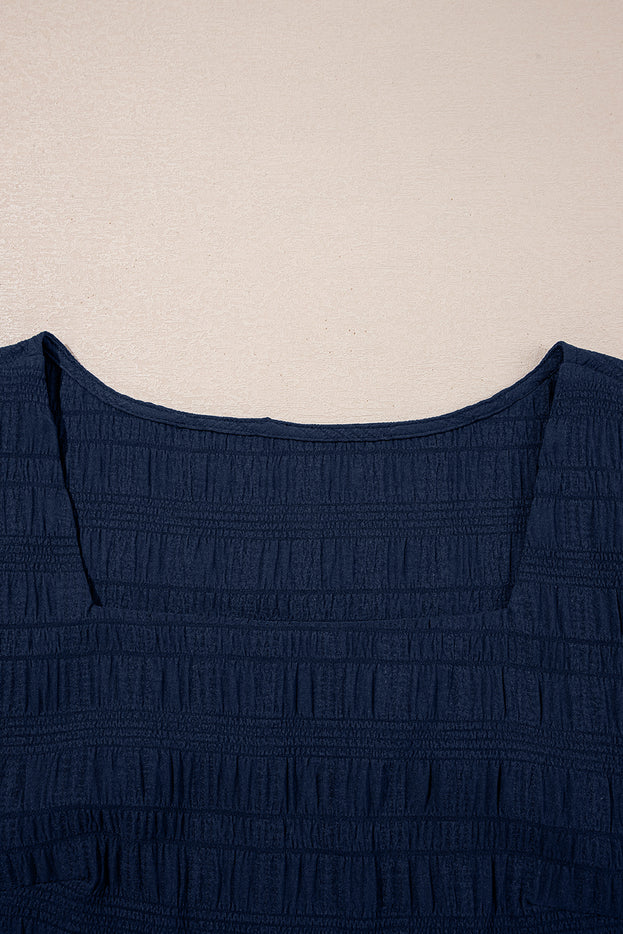 Dirty Blue Textured Ruffle Top and Shirred High Waist Shorts Set