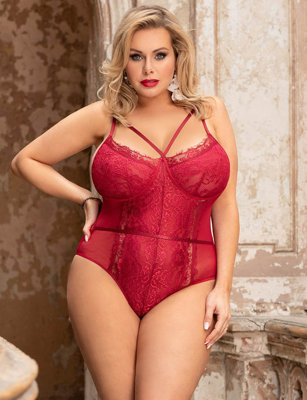 Kanten rode bodysuit met open kruis zonder beugels (XS t/m 5XL)