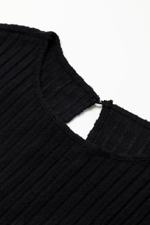 Zwarte geribbelde jumpsuit met sleutelgat, korte mouwen en wijde pijpen