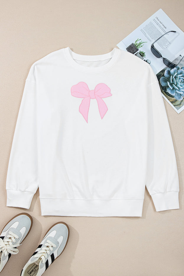 Beige Big Bow Pattern Plus Size Drop Shoulder Sweatshirt
