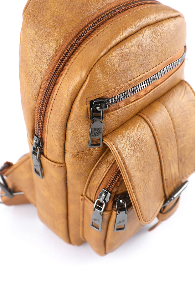 Khaki Vintage Zipper Multi Pockets PU Sling Bag