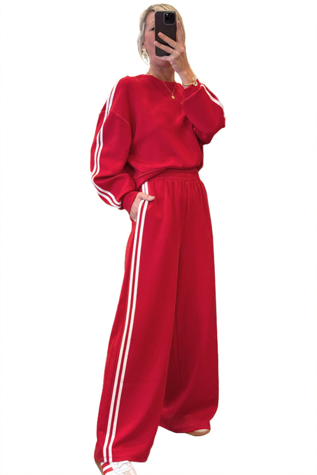 Oatmeal Varsity Striped Detail Cropped Pullover Wide Leg Pants 2pcs Outfit