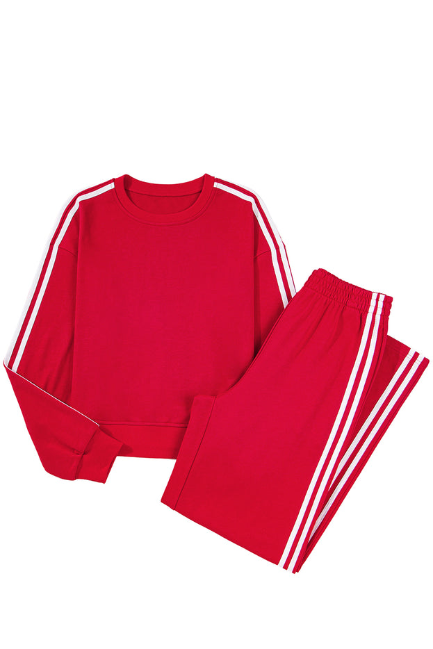 Oatmeal Varsity Striped Detail Cropped Pullover Wide Leg Pants 2pcs Outfit