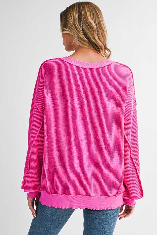 Strawberry Pink Twisted Ribbed Seamed Patchwork Long Sleeve Top