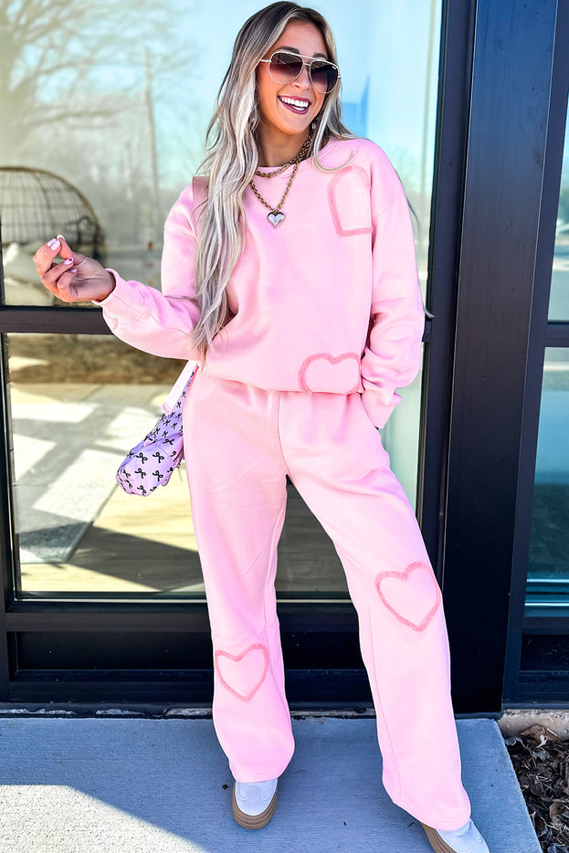Phalaenopsis Chenille Heart Pattern Casual Pants Set