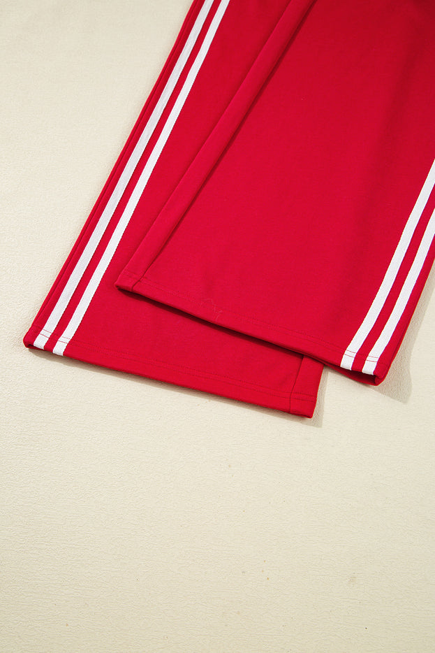 Oatmeal Varsity Striped Detail Cropped Pullover Wide Leg Pants 2pcs Outfit