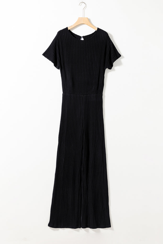 Zwarte geribbelde jumpsuit met sleutelgat, korte mouwen en wijde pijpen