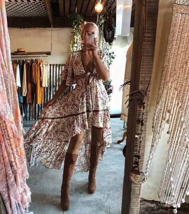 Boho  Floral Print Sexy Beach Dress
