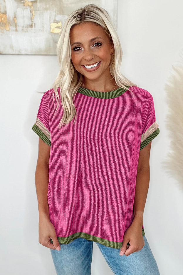 Rose Red Textured Colorblock Round Neck T Shirt