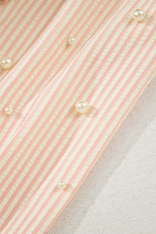 Pink Striped Pearl Beaded Knot Cuffs Blouse