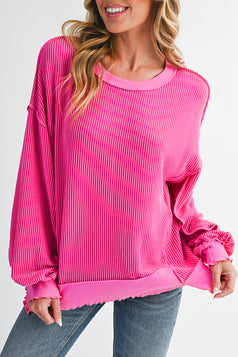 Strawberry Pink Twisted Ribbed Seamed Patchwork Long Sleeve Top