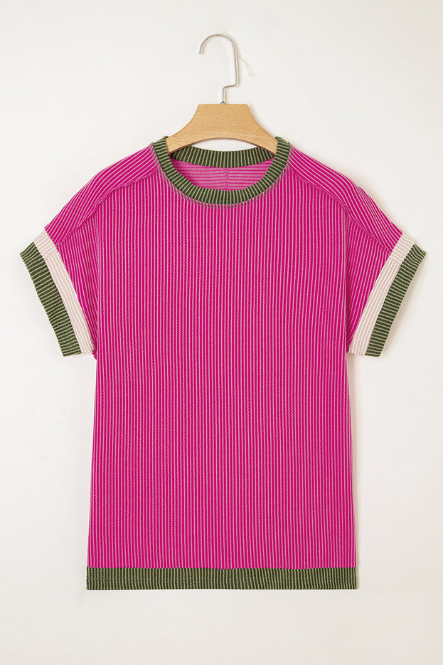 Rose Red Textured Colorblock Round Neck T Shirt