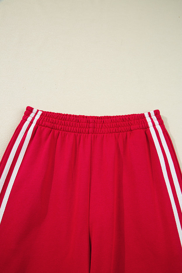 Oatmeal Varsity Striped Detail Cropped Pullover Wide Leg Pants 2pcs Outfit