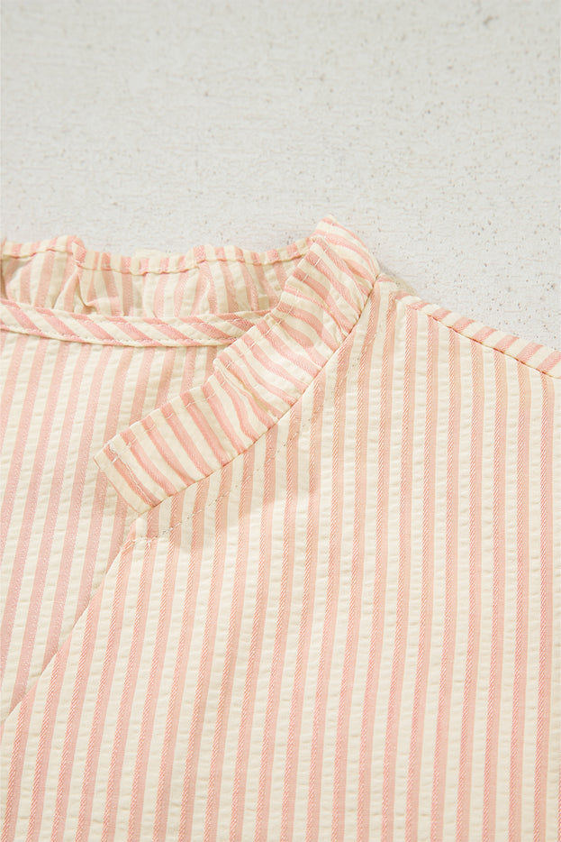 Pink Striped Pearl Beaded Knot Cuffs Blouse